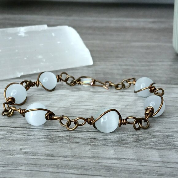 Boho Chic Selenite Crystal Bracelet, Adjustable Gemstone Wire Wrapped Bracelet - Picture 1 of 6